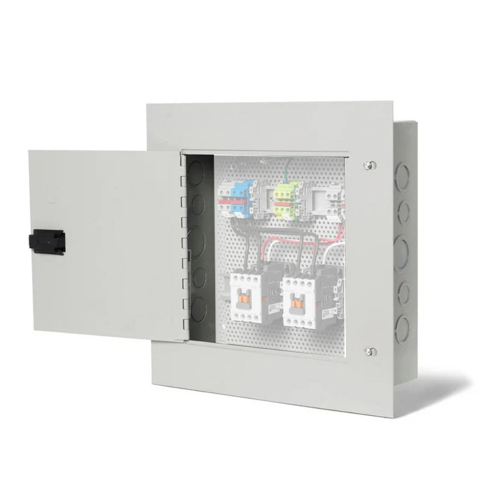 Flush mount access door for contactor panel, white metal with hinged open section