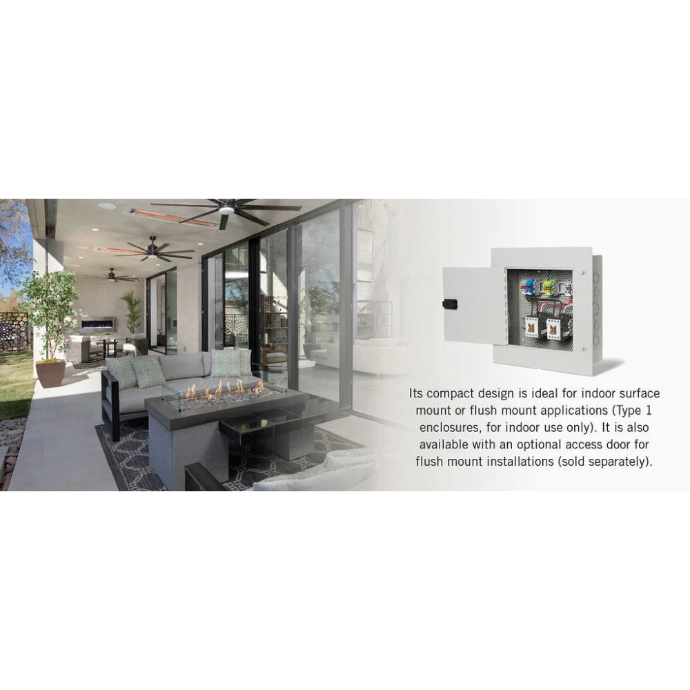 Flush mount access door enclosure with rectangular window showing contactor wiring