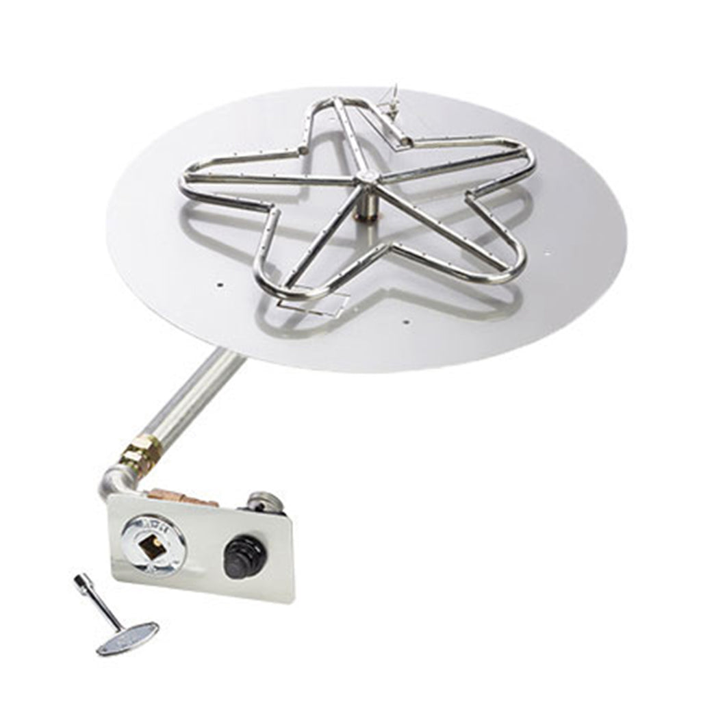 Pentagon star-shaped gas burner on round flat pan with chrome ignition module