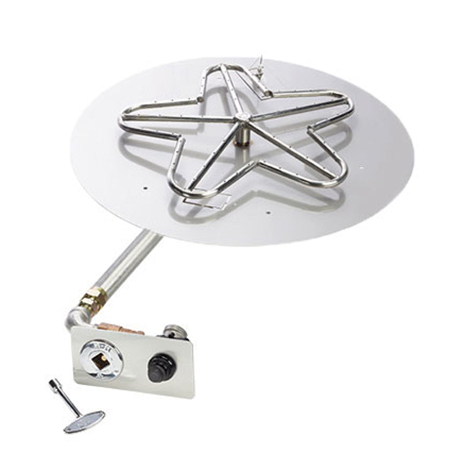 Pentagon star-shaped gas burner on round flat pan with chrome ignition module