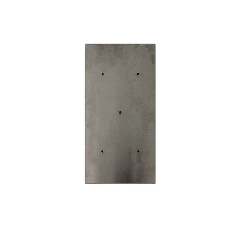 Flat rectangular metal burner pan with dark gray finish and evenly spaced holes