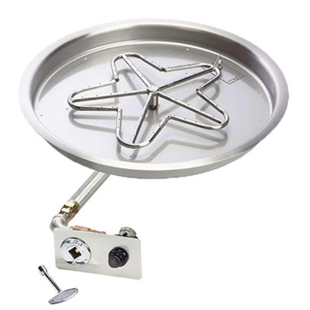 Round metal fire pit burner pan with penta spark ignition assembly and gas tubing
