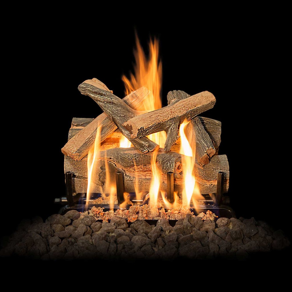 Double-sided gas log set with front log row, tall flames and dark fuel bed