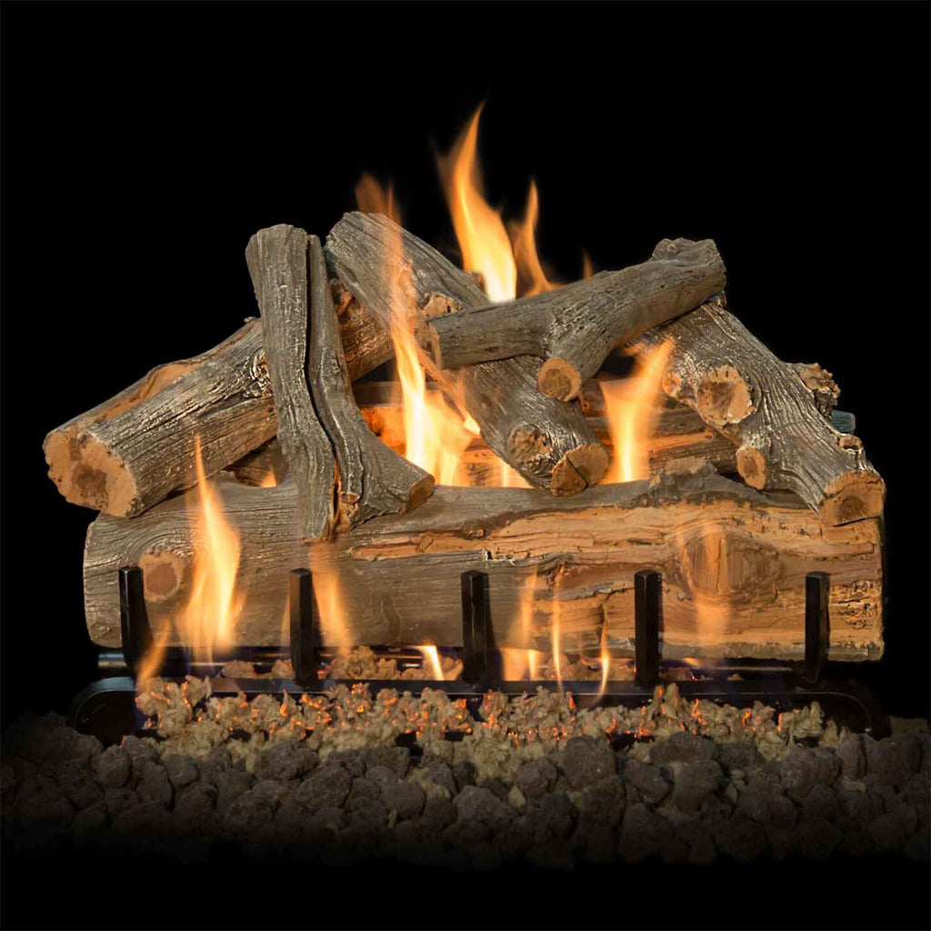Ventilated gas log set with gray and tan double-sided log arrangement, burning flames