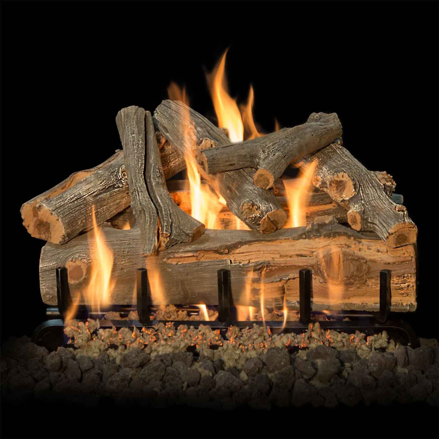 Ventilated gas log set with gray and tan double-sided log arrangement, burning flames