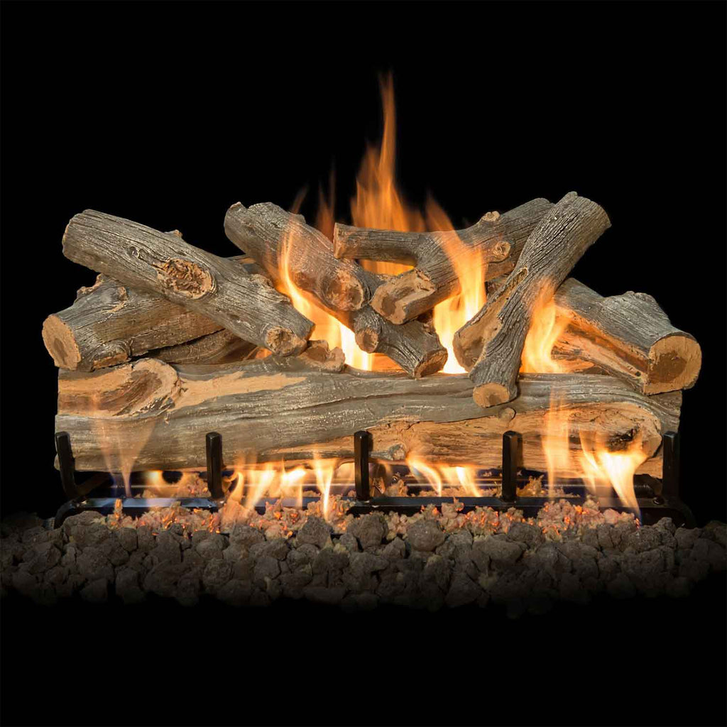 Double-sided gas log set with horizontal log base, burning flames and glowing embers