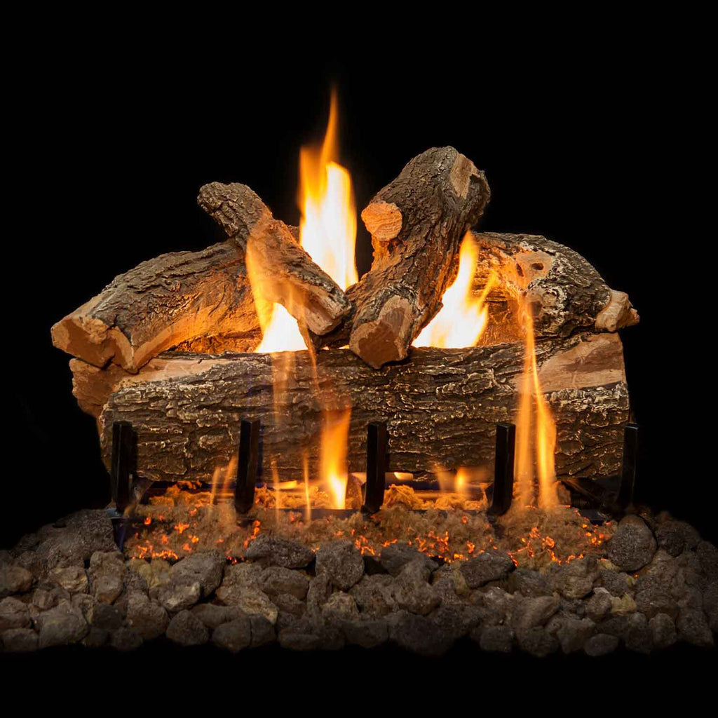 Weathered oak gas logs with front view flames and textured bark wood