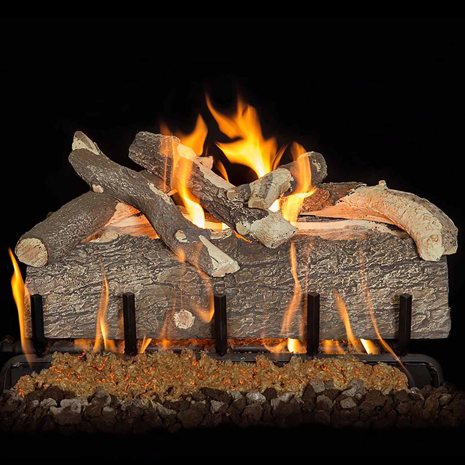 Gas log set with split pine-style logs, glowing flames and black metal grate