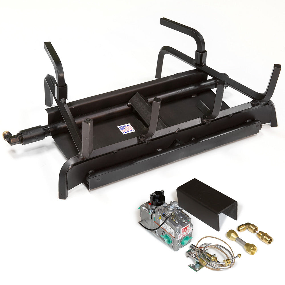 2-burner stainless steel system with black mounting brackets and valve control parts