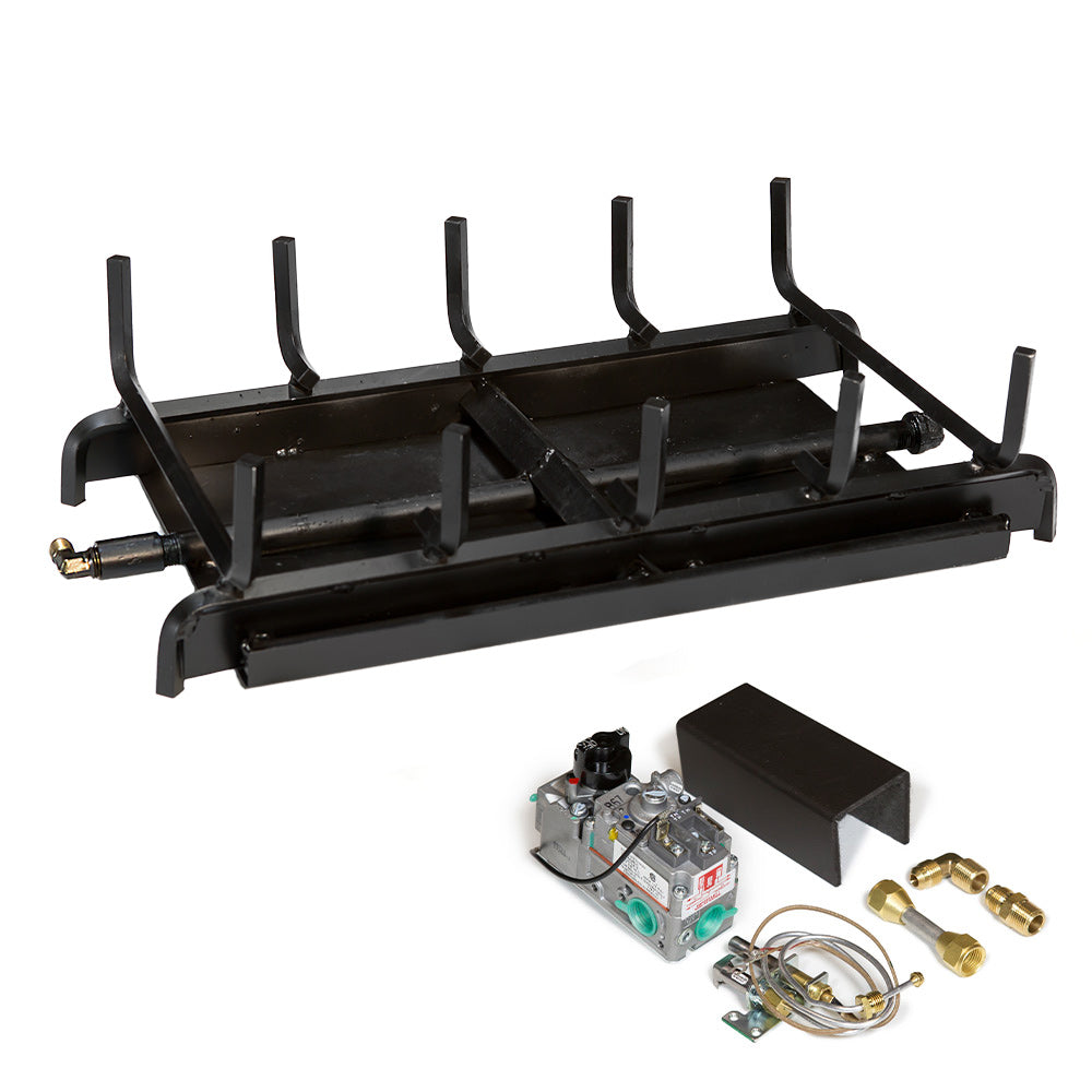 Double two-burner gas grill system base with black mounting frame and ignition components