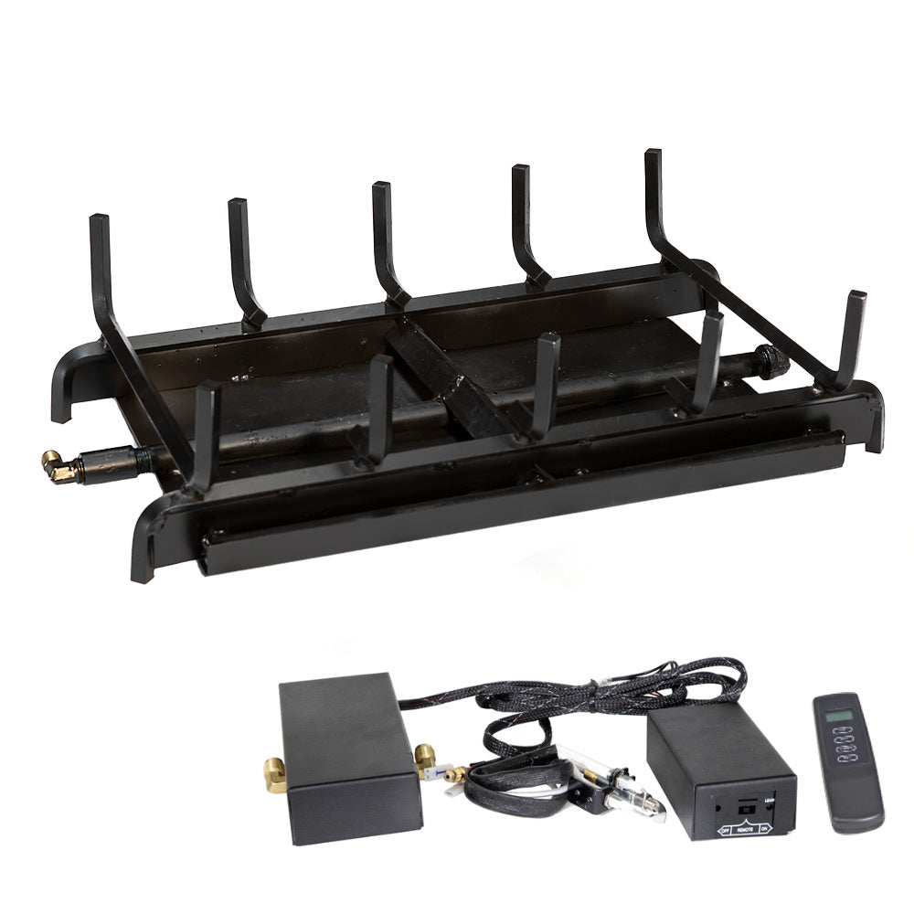 Two-burner grill system with black burner base, control module, remote, and wiring