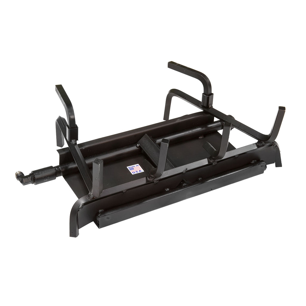 2-burner gas fireplace burner system with black metal frame and control knobs