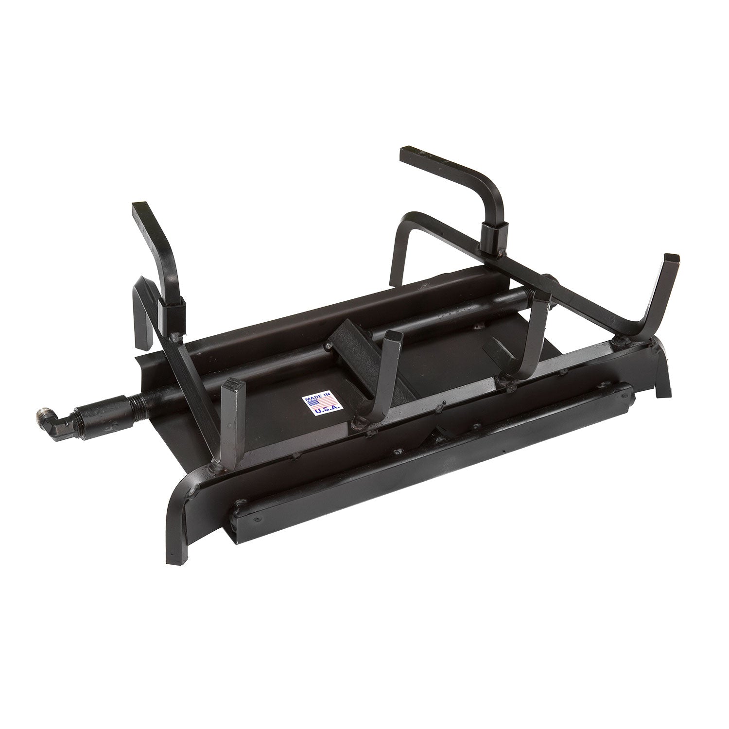 2-burner gas fireplace burner system with black metal frame and control knobs