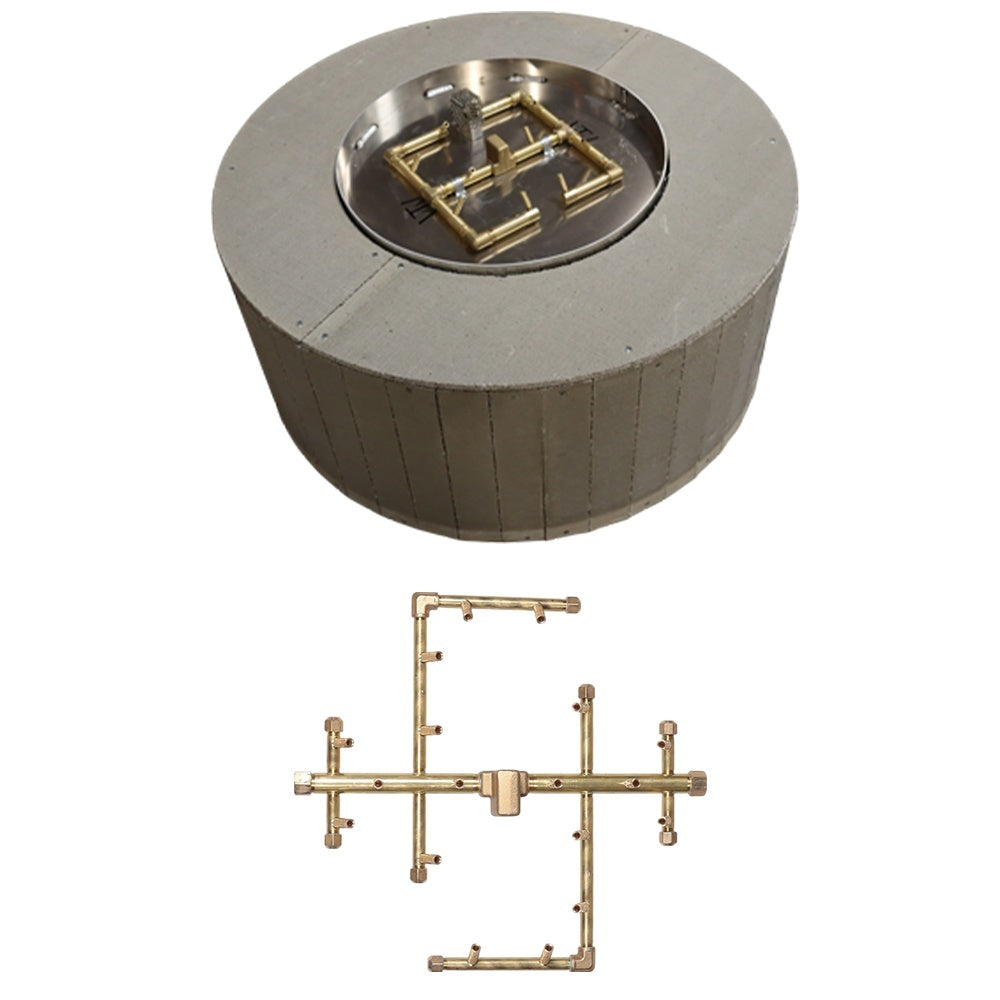 Round fire pit enclosure with brass crossfire burner assembly and stainless cover