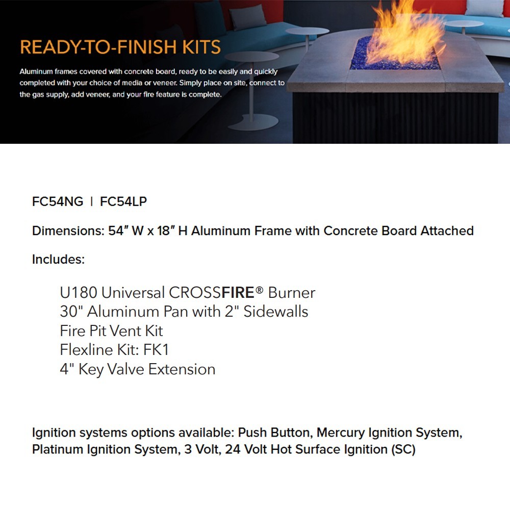 Fire pit enclosure kit info panel with dimensions and included crossfire burner components