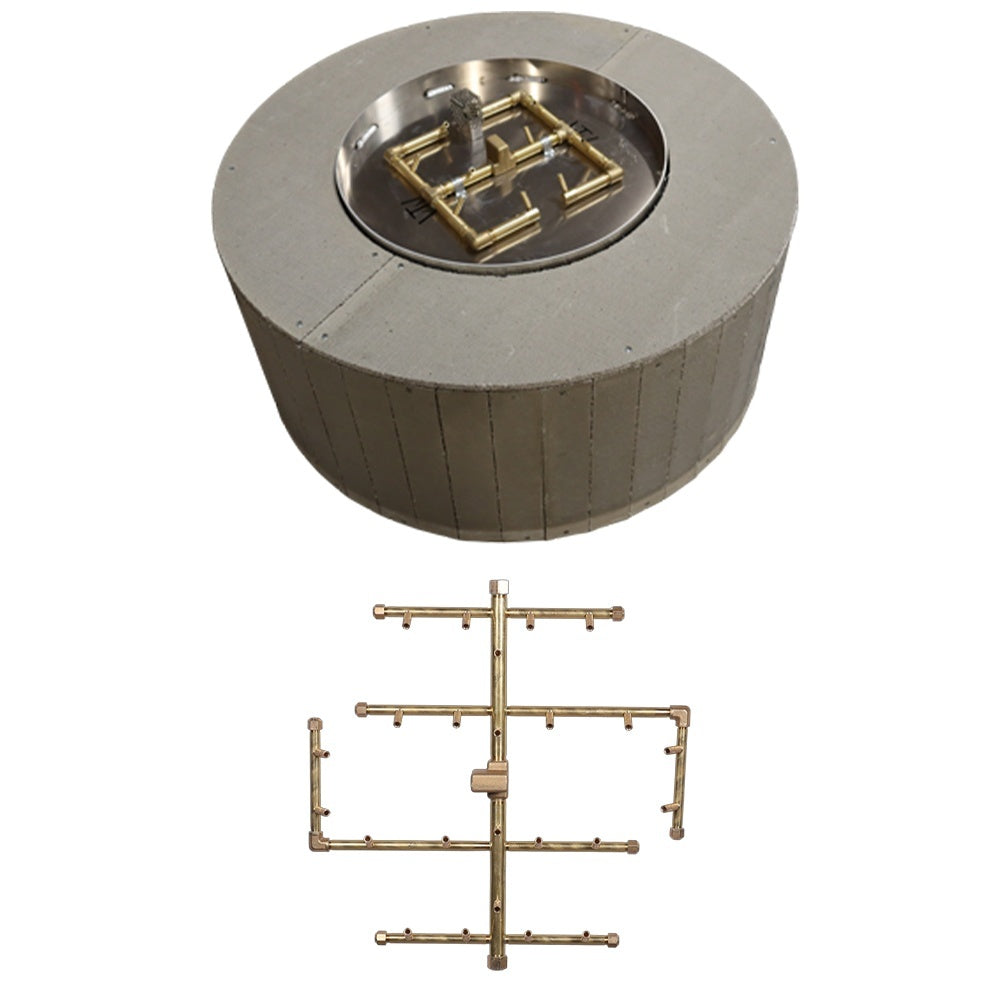 Circular fire pit enclosure with round burner opening and brass gas supply manifold frame