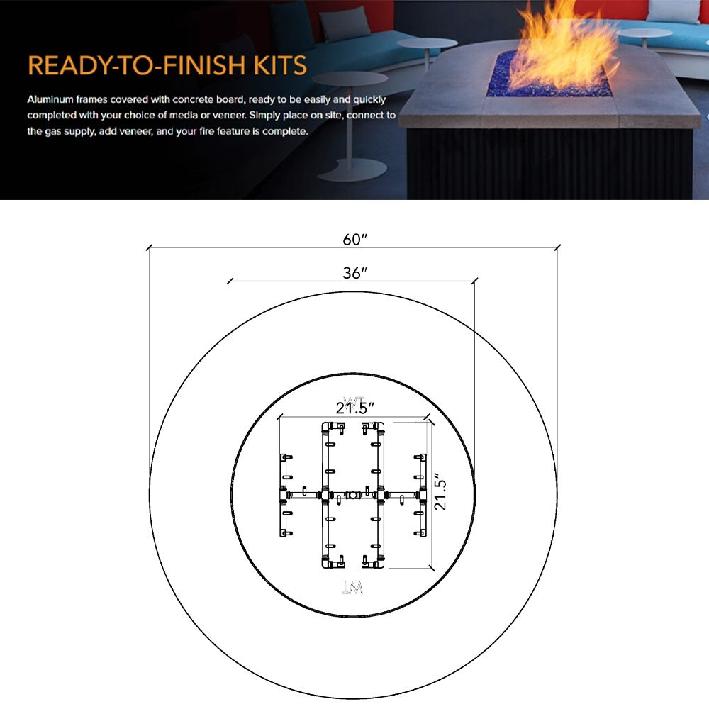 60-inch circle fire pit enclosure kit schematic with crossfire burner dimensions