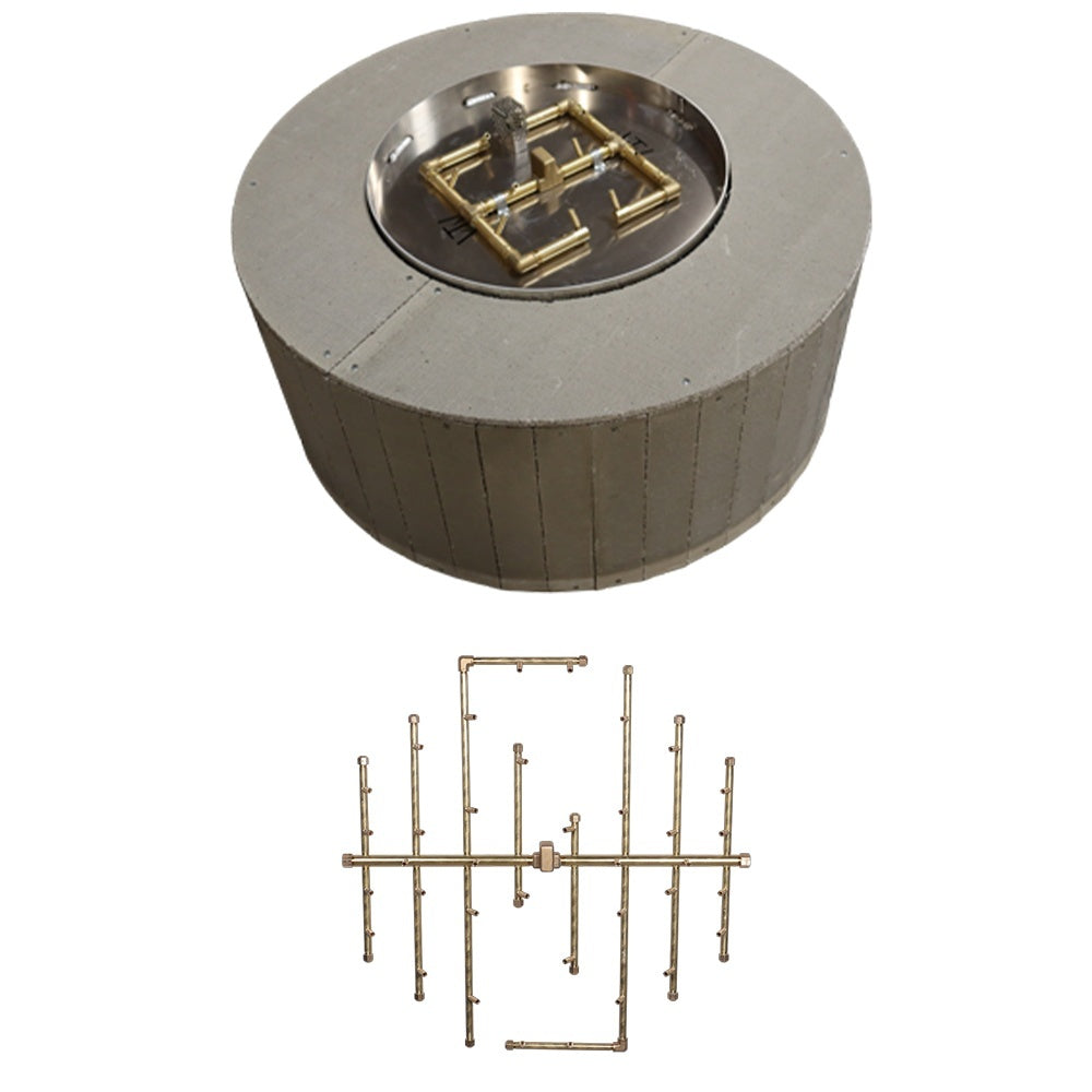 Gray round fire pit enclosure with crossfire burner metal grate and gas ports