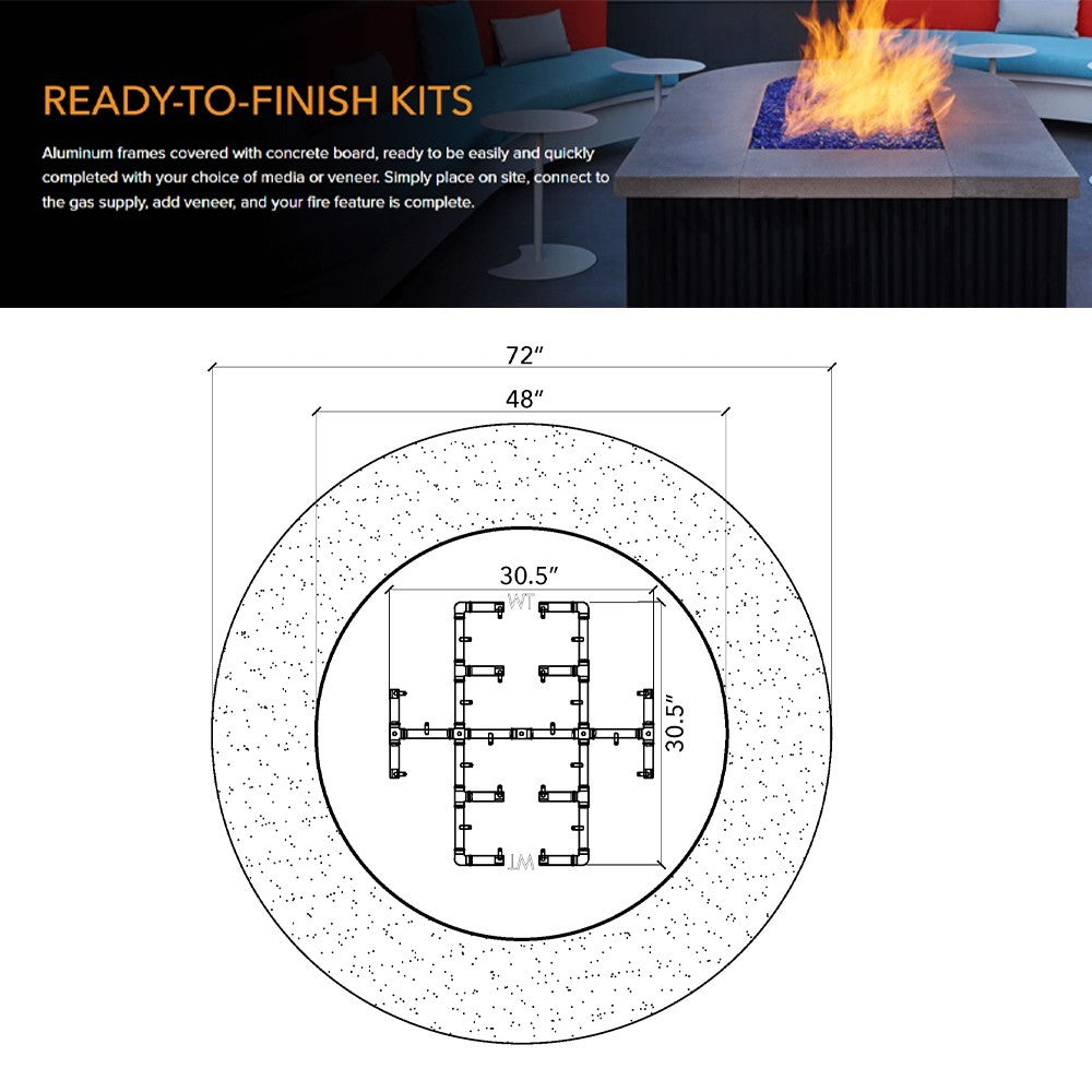 Circular fire pit enclosure kit dimension diagram with burner layout and measurements