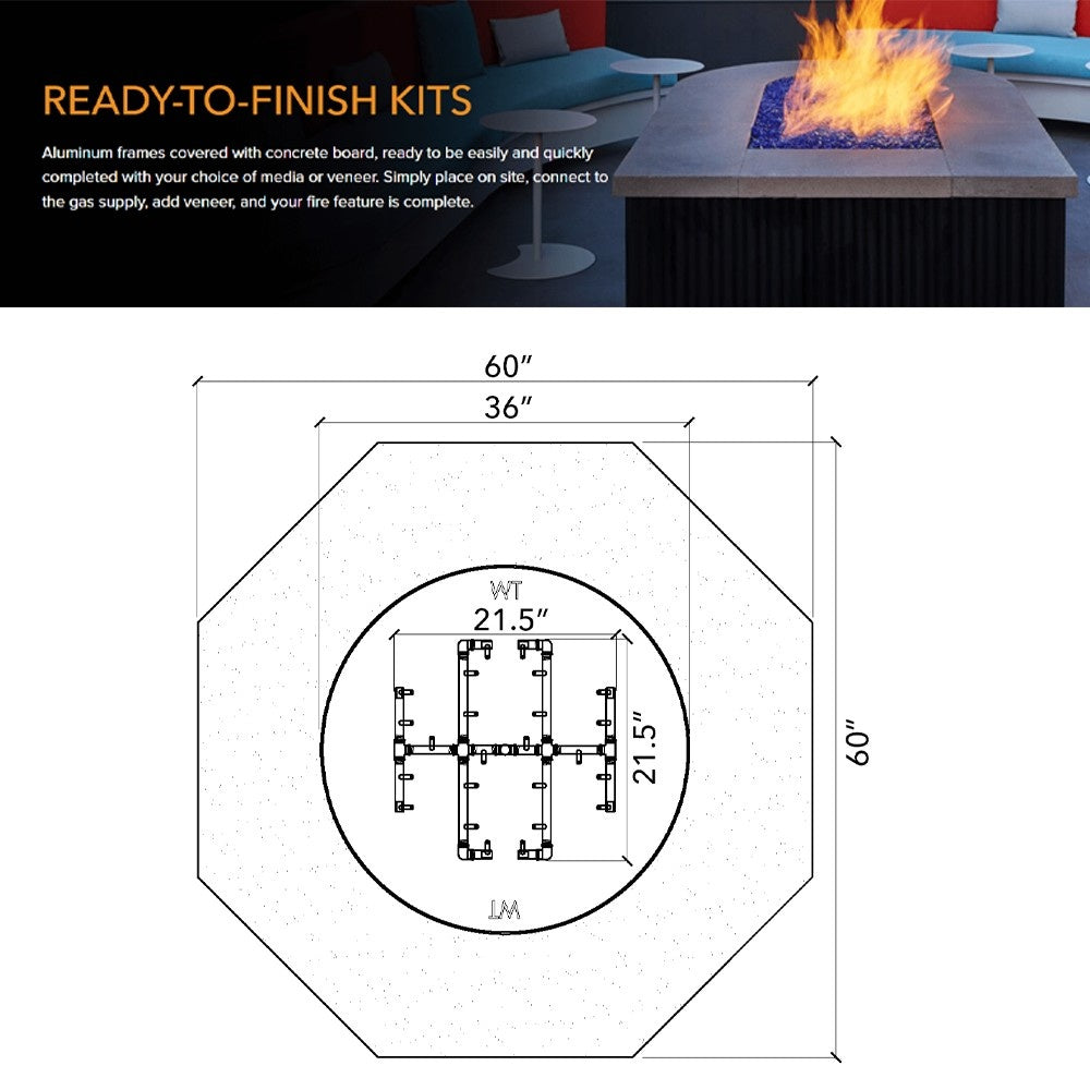 Octagon fire pit enclosure dimension diagram with burner layout and 60-inch size