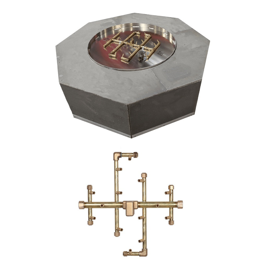 Octagonal fire pit enclosure with round burner insert and brass crossfire burner kit