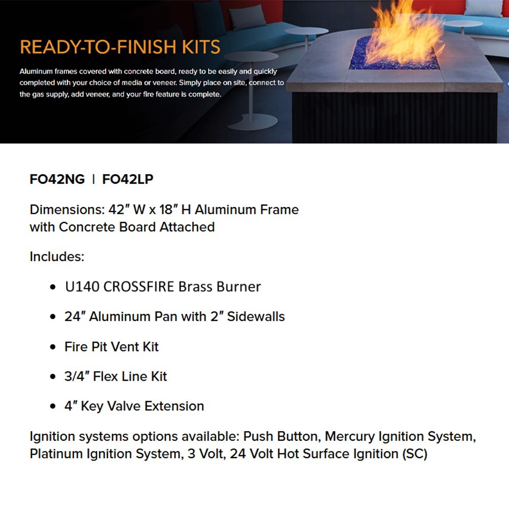 Fire pit ready-to-finish kit info panel with components list and flame graphic
