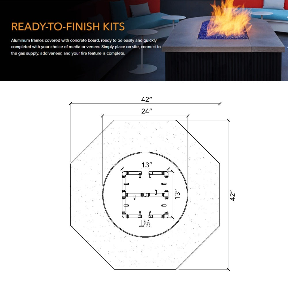 Octagon fire pit enclosure dimension diagram with top view burner layout