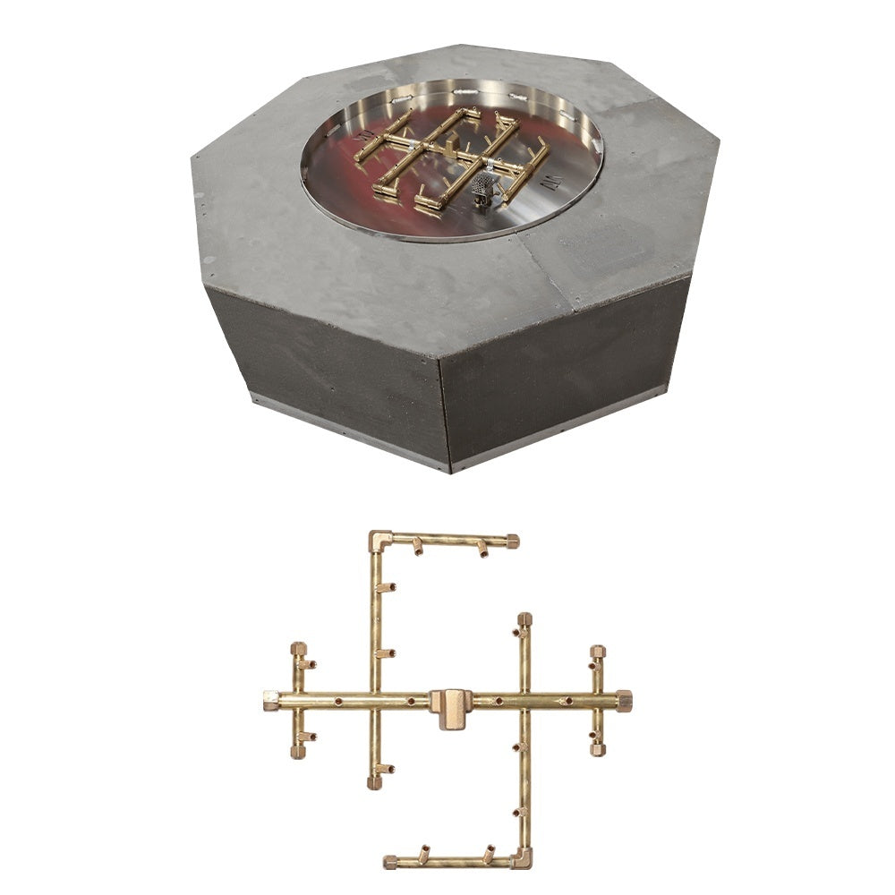 Octagonal fire pit enclosure, dark gray steel, with brass crossfire burner manifold