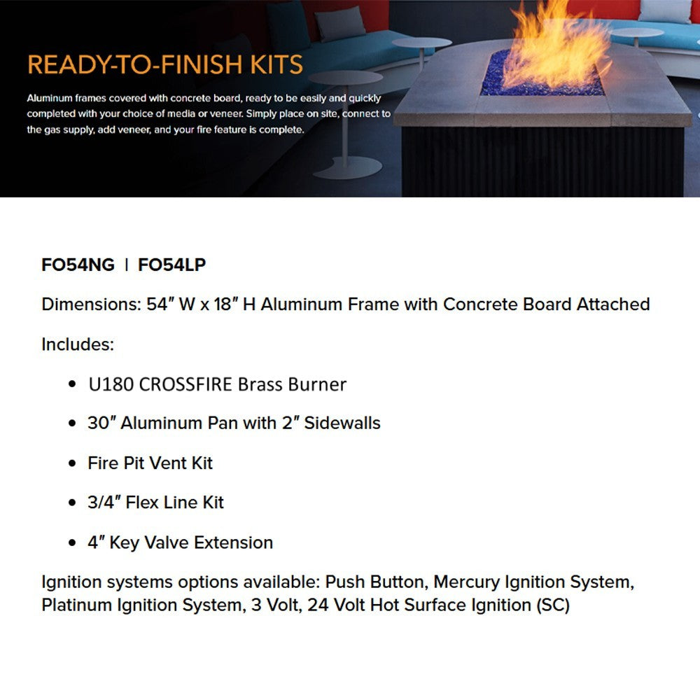 Ready-to-finish fire pit kit spec sheet listing included parts and 54 in x 18 in frame