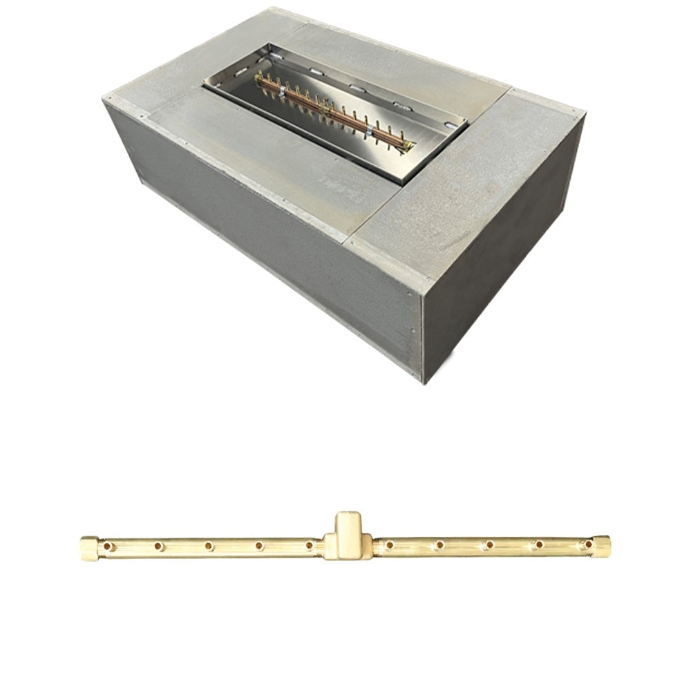 Rectangular fire pit enclosure with open burner tray and metal burner tubes inside