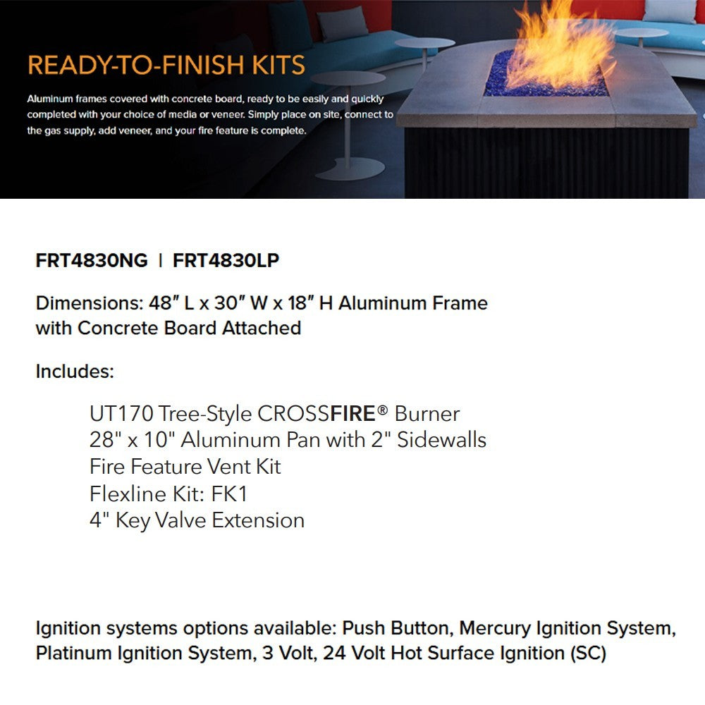 Ready-to-finish rectangular fire pit enclosure with crossfire burner kit, burning flames