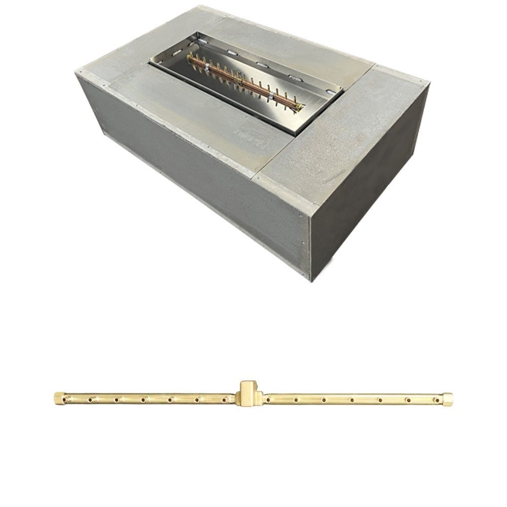 Rectangular fire pit enclosure with burner tray and crossfire burner slots