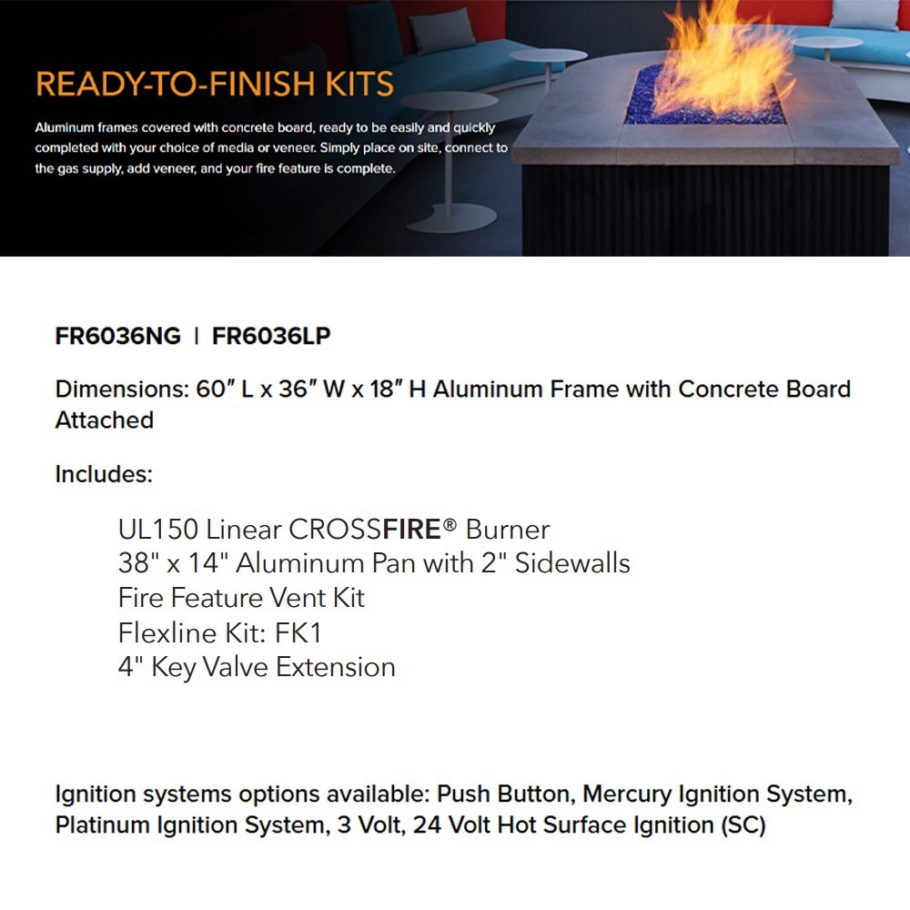 Ready-to-finish fire pit kit diagram with dimensions and included components text panel