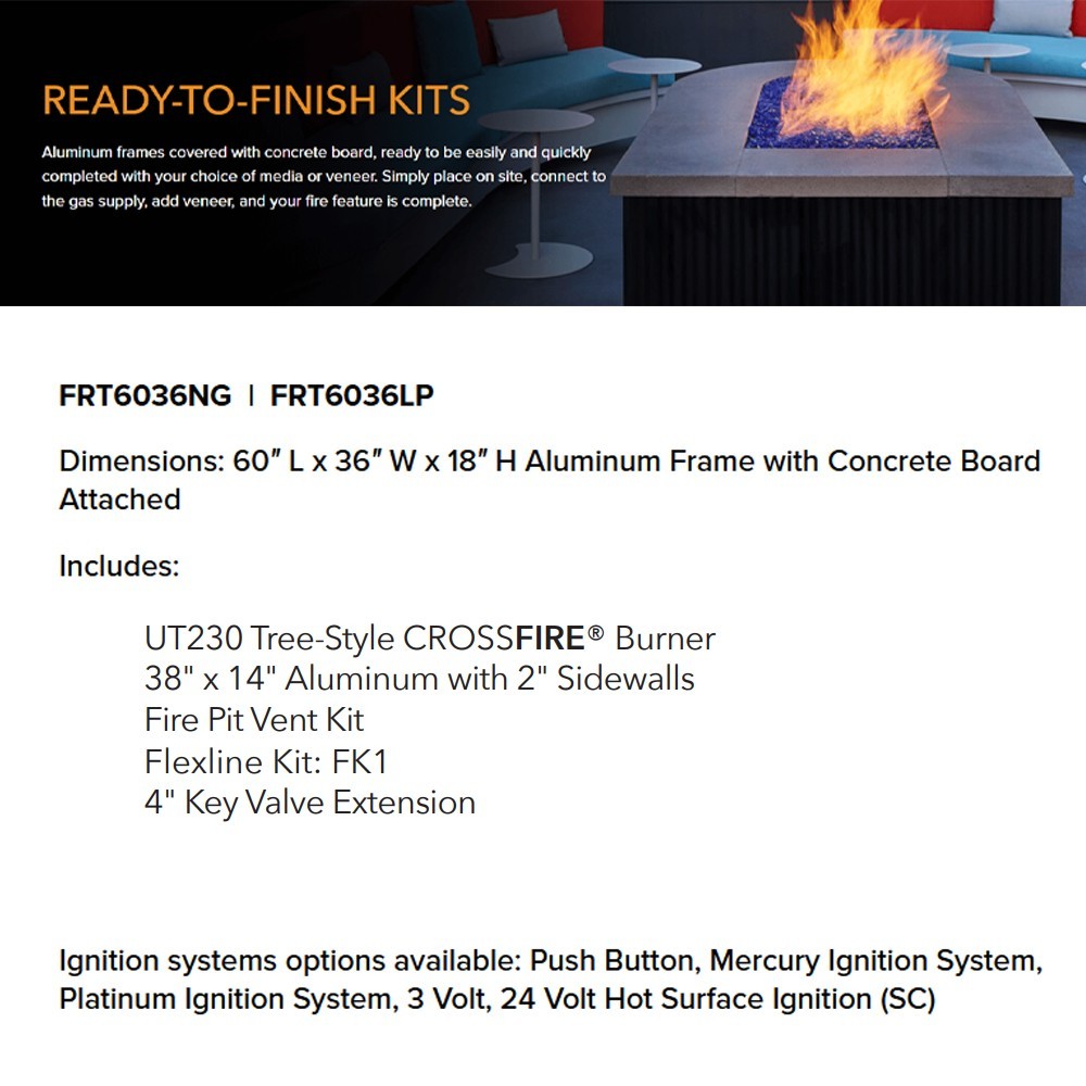 Ready-to-finish fire pit kit diagram with tree-style burner list and ignition options text