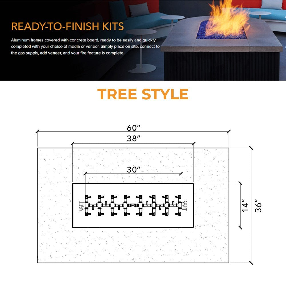 Tree-style burner layout diagram with labeled dimensions for a rectangular enclosure