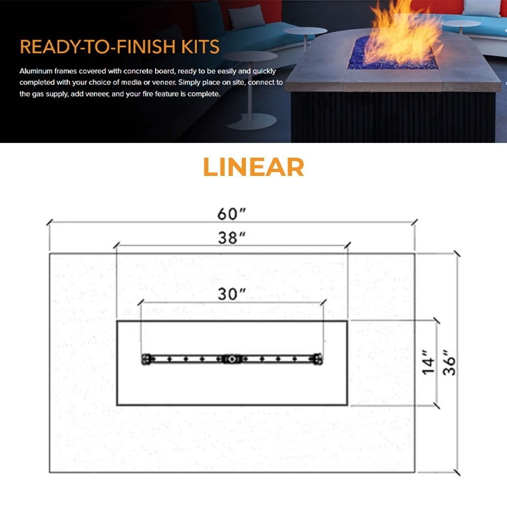 Linear burner layout diagram with labeled dimensions for a rectangular enclosure