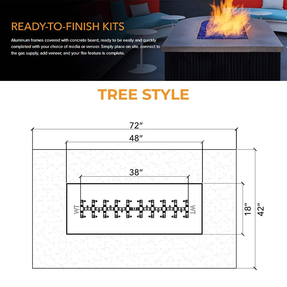 Tree-style fire pit enclosure kit layout diagram, 72 in by 42 in frame