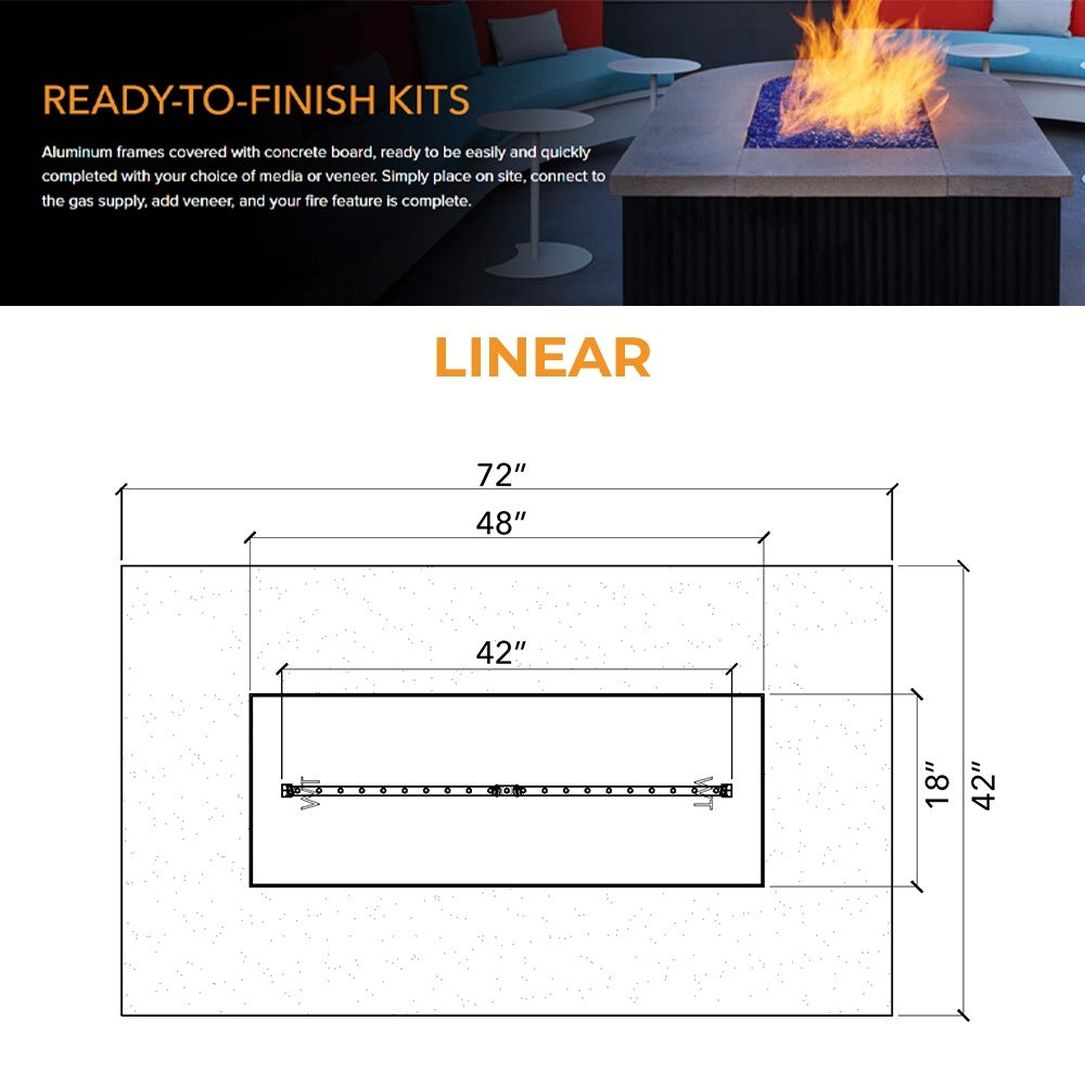 Linear fire pit enclosure kit layout diagram, 72 in by 42 in frame