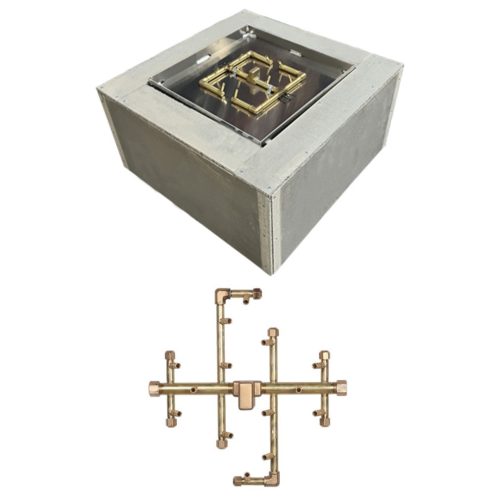Square fire pit enclosure with open top and crossfire burner manifold