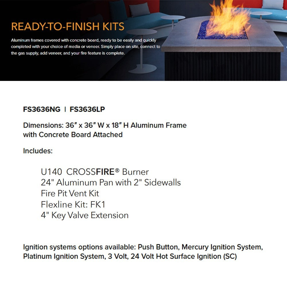 Ready-to-finish fire pit enclosure spec sheet with dimensions and included Crossfire burner kit