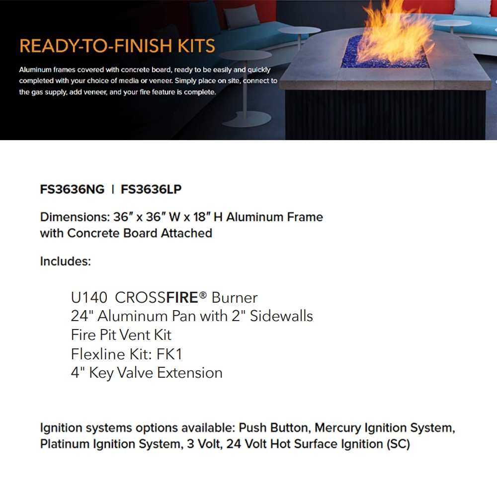 Ready-to-finish fire pit kit spec page with dimensions and included parts list