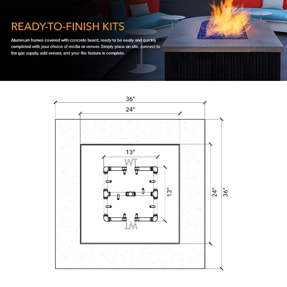 Square fire pit enclosure layout diagram showing burner pipe positions and size measurements