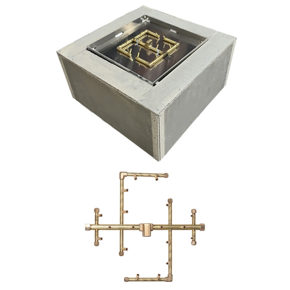 Square ready-to-finish fire pit enclosure with open top and separate brass crossfire burner manifold