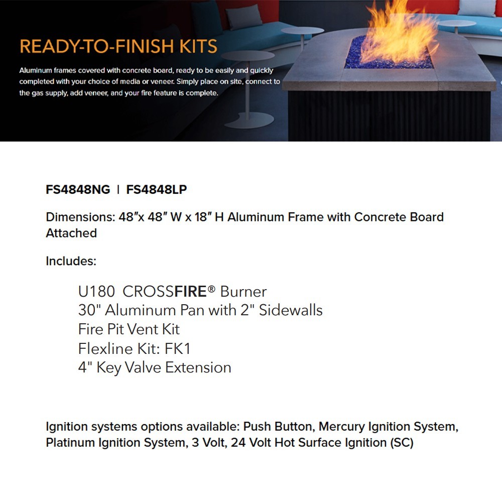 Ready-to-finish square fire pit enclosure kit with concrete board and crossfire burner kit
