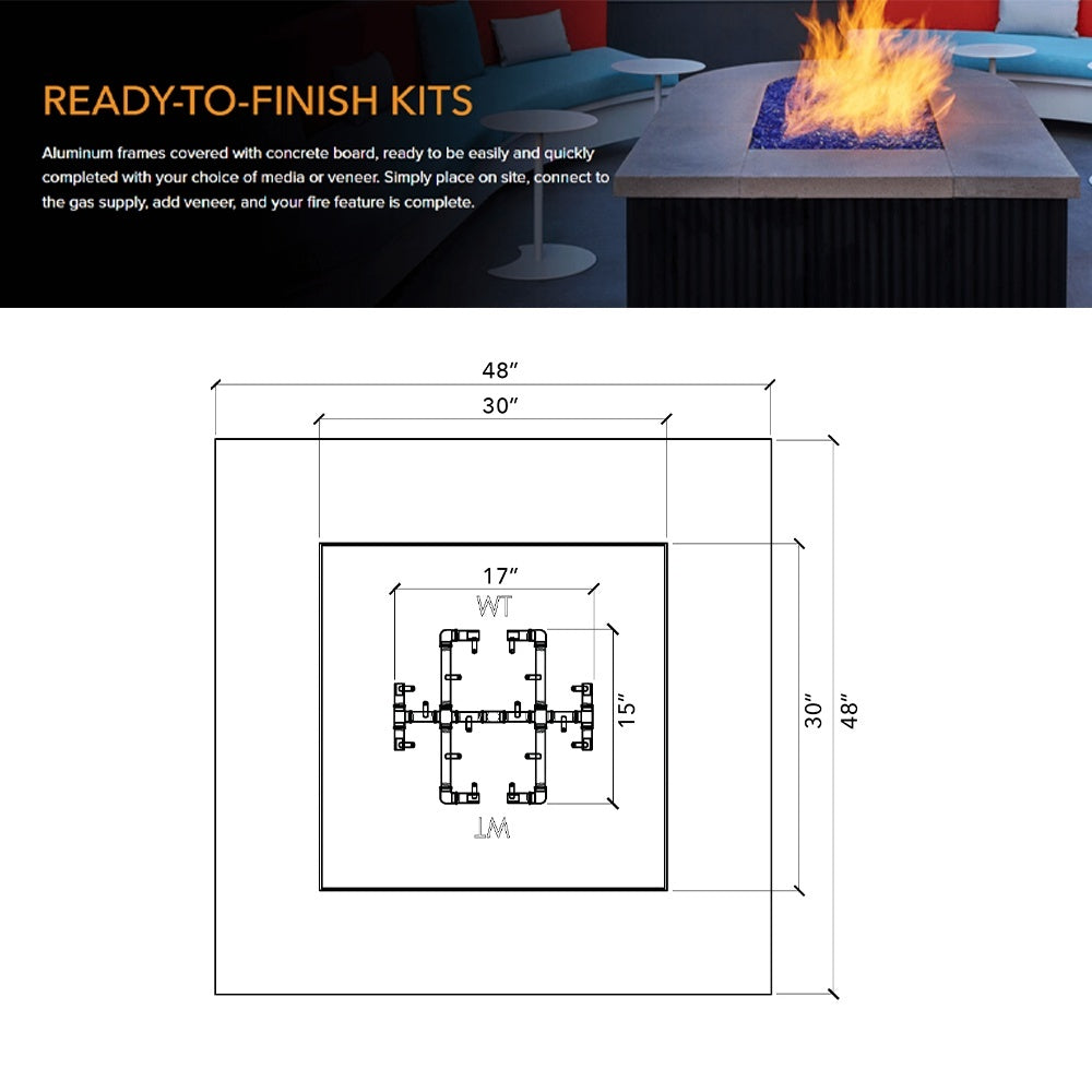 Square fire pit enclosure kit with overhead layout diagram for frame and burner placement
