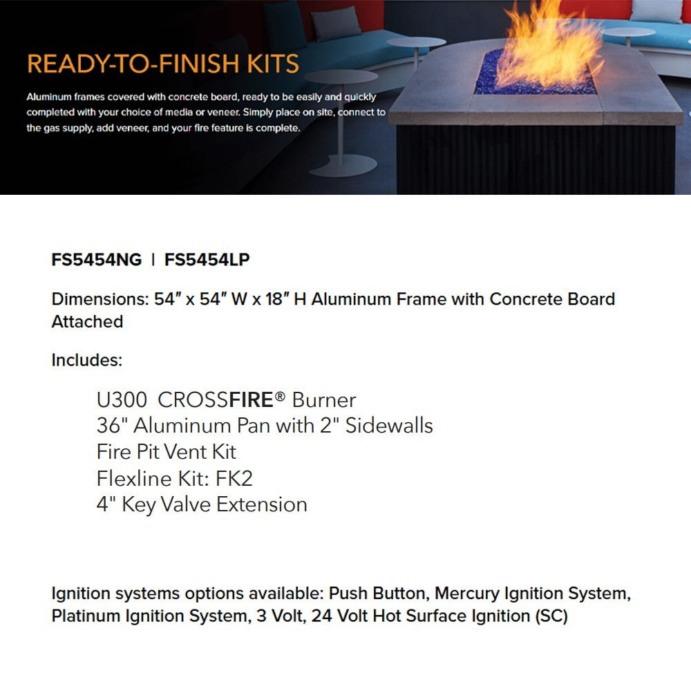 Square aluminum fire pit enclosure kit with concrete board and included burner components