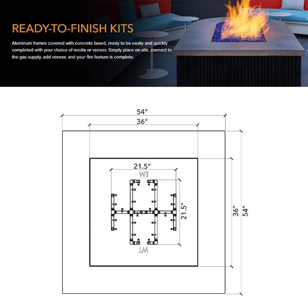 Square fire pit enclosure plan view with 54-inch dimensions and crossfire burner kit
