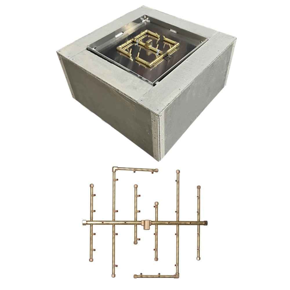 Square fire pit enclosure with open top and visible metal burner grate, light gray