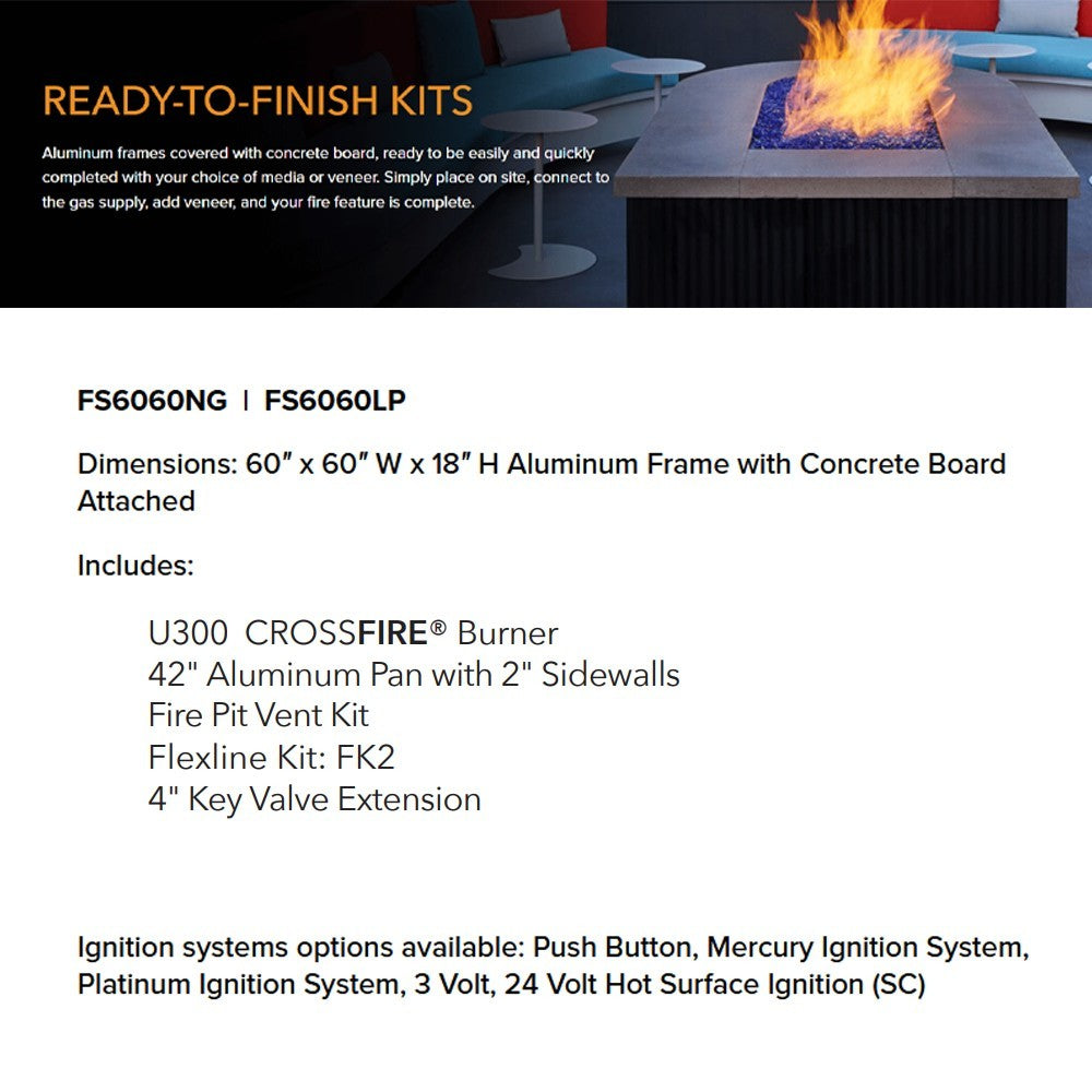 Fire pit enclosure kit spec sheet showing dimensions and included burner components