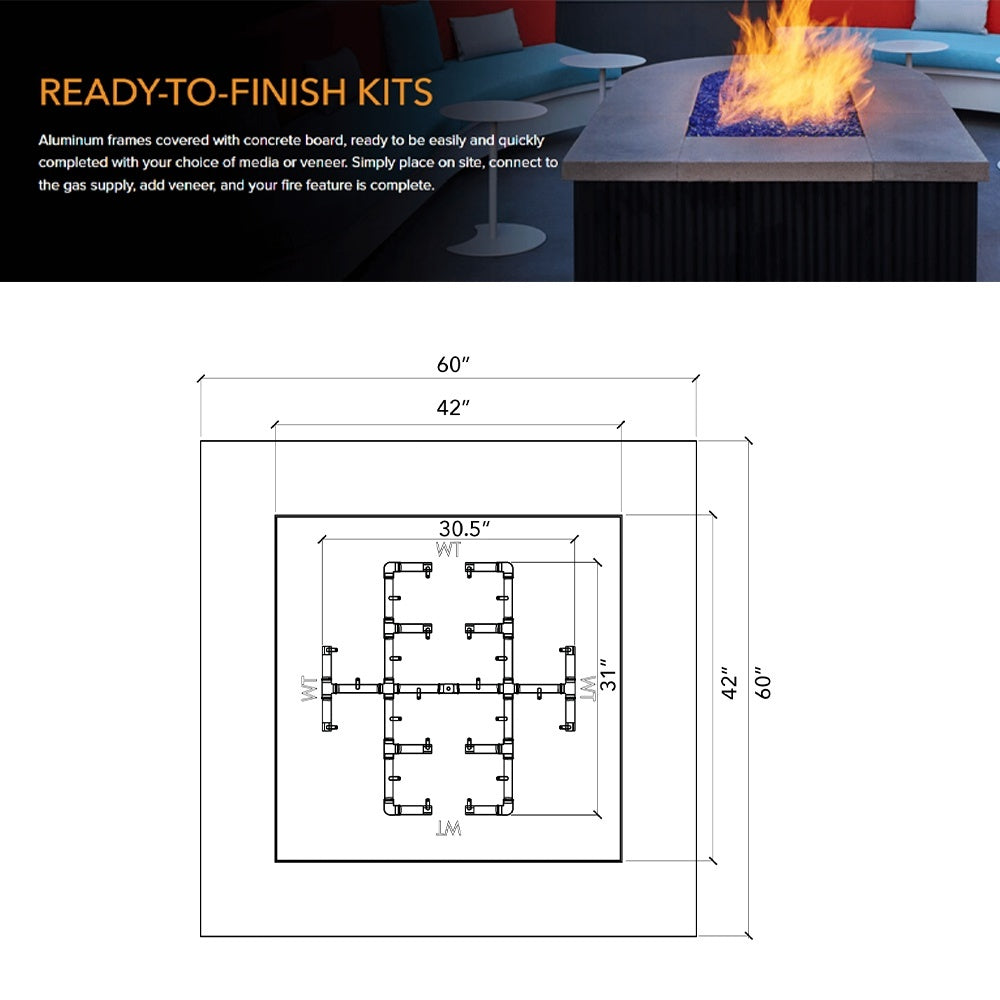 Square fire pit enclosure cutaway diagram with burner layout and dimension measurements